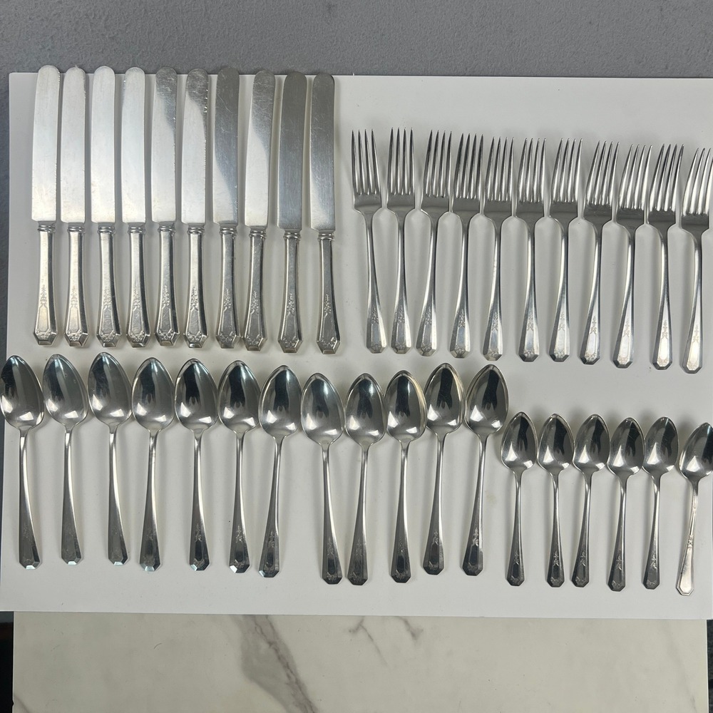 Wm Rogers & Son Flatware Set 42pc Silver Plate Arbutus Vintage Art Deco Dining